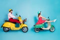 Full length profile photo of crazy lady guy couple drive two retro moped travelers traffic jam easy way spread legs Royalty Free Stock Photo