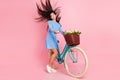 Full length profile side photo of young lovely girl happy positive smile air hair ride bicycle  over pastel Royalty Free Stock Photo