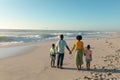 Full length rear view of african american family holding hands while standing at beach on sunny day Royalty Free Stock Photo