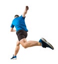 Full length rear view of determined caucasian man athlete fast speed running or jumping over obstacle isolated over white