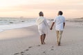 Full length rear view of senior multiracial couple holding hands walking at beach during sunset Royalty Free Stock Photo
