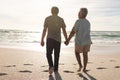 Full length rear view of senior multiracial couple holding hands walking towards sea at sunny beach Royalty Free Stock Photo