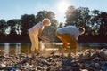 Two senior people enjoying retirement and simplicity while throw Royalty Free Stock Photo