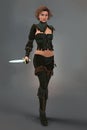 Full Length Render of a Beautiful Fantasy Style Ranger Woman Holding a Dagger