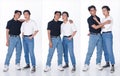 Full length of 20s Asian tanned skin men black hair hold together as Gay LGBT, wear shirt jeans