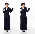 Full length 30s 40s Asian Woman teacher student business, showing empty palm hand Royalty Free Stock Photo