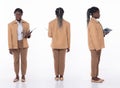 Full length 20s young African American Woman Financial Accountant, 360 turn front side back rear Royalty Free Stock Photo