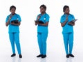 Full length 20s young African American Woman Medical Healthcare Nurse, working hard thinking Royalty Free Stock Photo