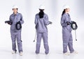 Full length 20s young Mix Race engineer electrician Woman, 360 front side rear back view Royalty Free Stock Photo