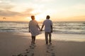 Full length of senior newlywed multiracial couple walking towards shore at beach during sunset Royalty Free Stock Photo