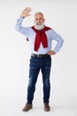 Happy man showing greeting gesture against white background Royalty Free Stock Photo