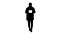 Silhouette Attractive man holding tablet with white key screen mockup.