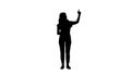 Silhouette Smiling woman in casual clothes presenting something, pushing imaginary buttons.