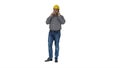 Construction worker using smartphone on white background. Royalty Free Stock Photo