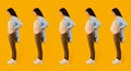 Full length shot of woman with different stages of pregnancy standing over yellow studio background, side view, collage Royalty Free Stock Photo