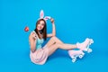Full Length Side Profile Body Size Photo Beautiful Sit Floor She Her Lady Hands Arms Red Sweet Tasty Heart Easter Bunny