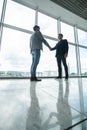 Full length side view of businessmen shaking hands in office building windows background Royalty Free Stock Photo