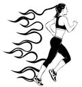 Full length side view portrait of young running girl, woman, female athlete, sketch vector illustration isolated on