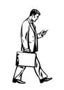 Young businessman walking with a suitcase and looking at smartphone. Business man holding mobile phone. Vector.