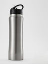 Full length silver color aluminium waterbottle. Royalty Free Stock Photo