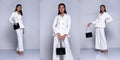Full length Snap Figure, Asian Business Woman Transgender wears White Suit pants black hair and stand many direction with purse,