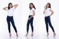 Full Length Snap Figure, Asian Woman wear casual white shirt blue jean, she 20s stands and acts many poses smile on high heel