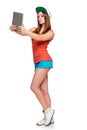 Full length sporty female with digital tablet Royalty Free Stock Photo