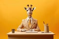 Full-length studio portrait of a cute angry giraffe as an office manager, created with Generative AI technology