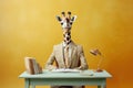 Full-length studio portrait of a cute angry giraffe as an office manager, created with Generative AI technology
