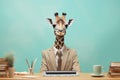 Full-length studio portrait of a cute angry giraffe as an office manager, created with Generative AI technology