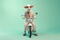 Full-length studio portrait of a cute cow riding a bicycle, created with Generative AI technology Royalty Free Stock Photo