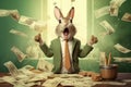 a cute happy shocked hare office manager with flying money, created with Generative AI technology