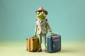 happy frog with a suitcase ready for vacation, created with Generative AI technology