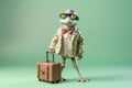 happy frog with a suitcase ready for vacation, created with Generative AI technology