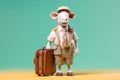 happy sheep with a luggage ready for vacation, created with Generative AI technology