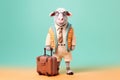 happy sheep with a luggage ready for vacation, created with Generative AI technology