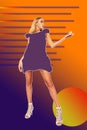 Full-length studio shot of a gorgeous blonde female in a cartoon mini dress posing against a colorful background.