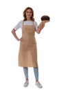 Full length of woman in apron holding a spelt sourdough homemade bread, isolated on white background