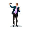 Full length young business man in classic formal dark blue suit shirt tie doing selfie shot mobile phone show victory v-sign Royalty Free Stock Photo