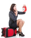 Full length young business woman to late red travel bagd Royalty Free Stock Photo