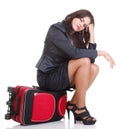 Full length young business woman to late red travel bagd Royalty Free Stock Photo