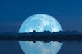 full milk moon back on silhouette mountain and reflection on river night sky