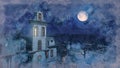 Full moon above scary mansion watercolor sketch