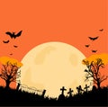 Full moon background on cemetery graveyard tombstone haunted tree and bat in orange halloween night copy space Royalty Free Stock Photo
