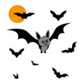Full moon and bats, Halloween background. Cute cartoon bat