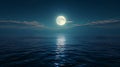 Full moon with blue Night sky and beautiful clouds reflection in sea background AI generated Royalty Free Stock Photo