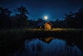 A full moon casting an eerie glow over the witch-s hut- making it stand out in the dark swamp
