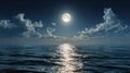 Full moon casting a shimmering silver reflection over calm ocean waters under a tranquil night sky with scattered clouds on the Royalty Free Stock Photo