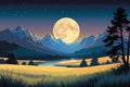 Full Moon Casting a Soft Glow Over a Serene Meadow: Night Descending with a Star-Filled Sky Framing Tranquil Beauty Royalty Free Stock Photo