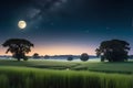 Full Moon Casting a Soft Glow Over a Tranquil Meadow: Night Scene with a Field of Tall, Whispering Grass